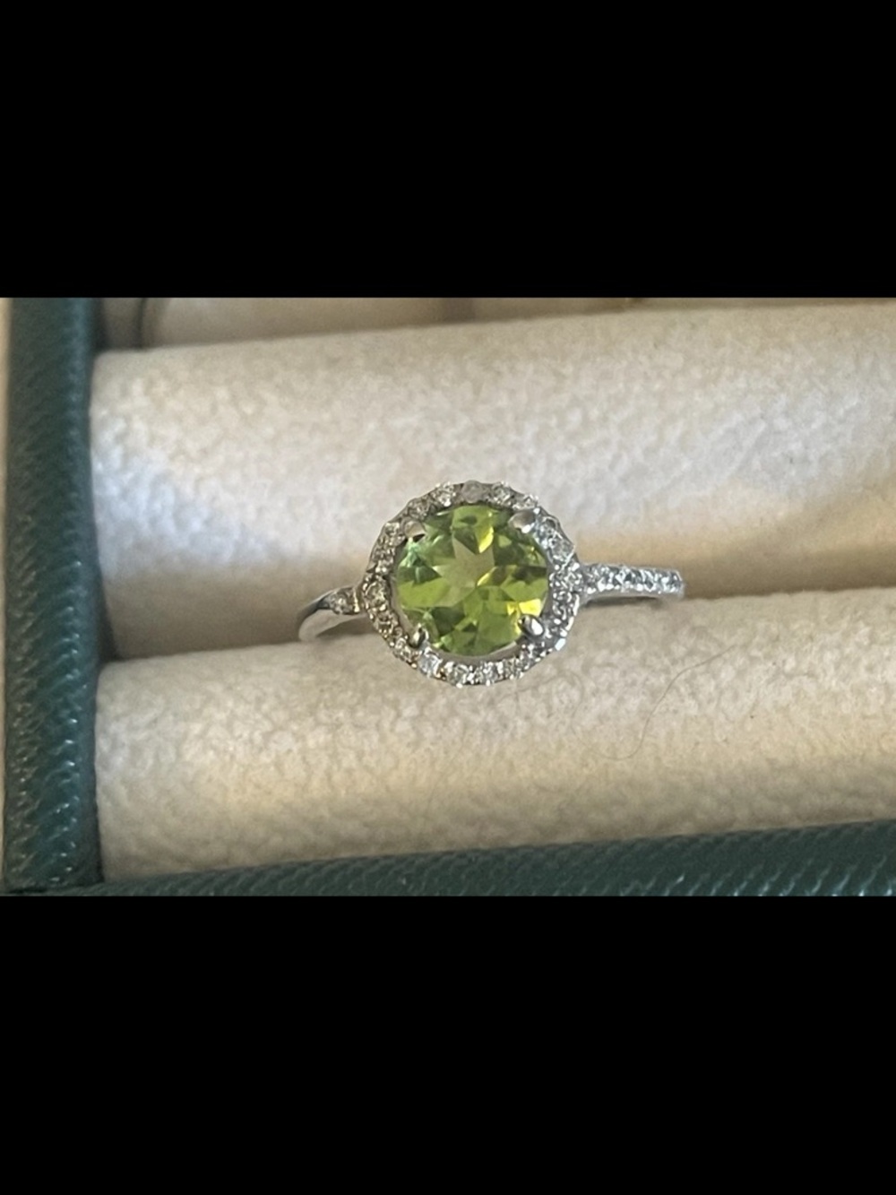 14k white gold,  natural Burmese peridot and diamonds Halo Ring size 7